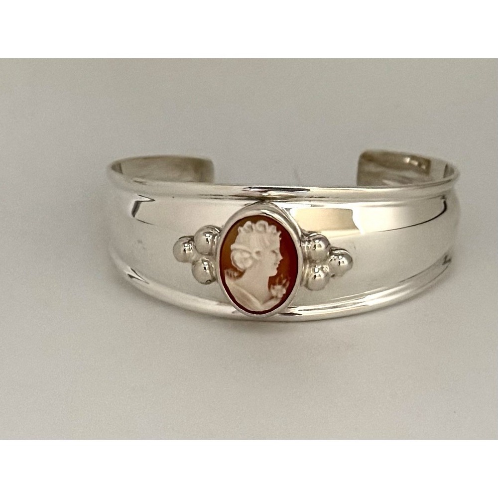 Vintage ESPO Sterling Silver Cameo Cuff Bracelet Wide Shell Carved 925